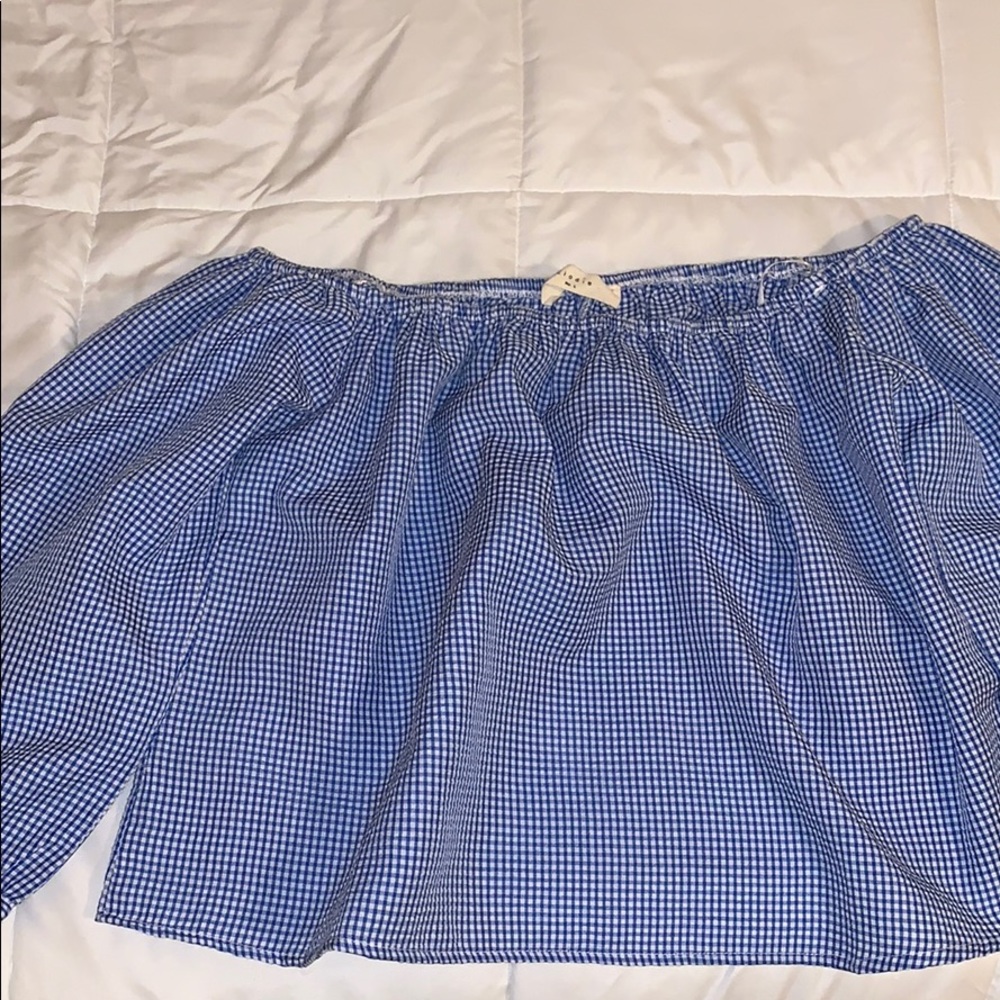 checkered blue and white off the shoulder top
